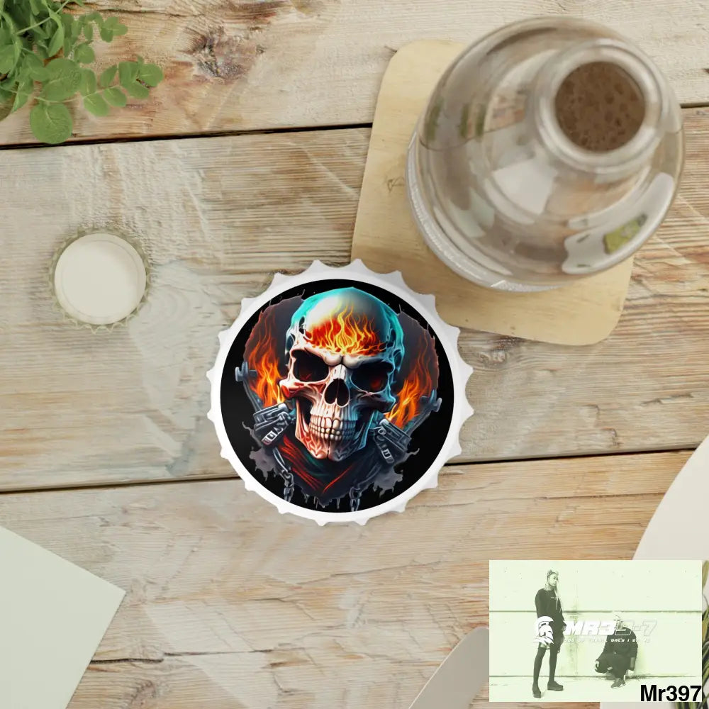Flaming biker Skull graphic Magnetic Bottle Opener One size / White Accessories