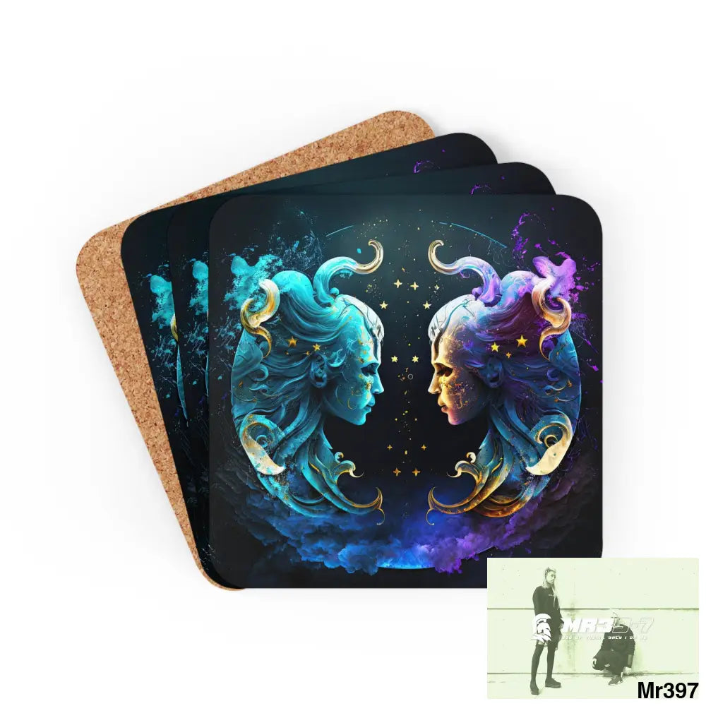 Gemini Zodiac Coaster Set Cork / 3.75’’ × 3.75’’ / Square Home Decor
