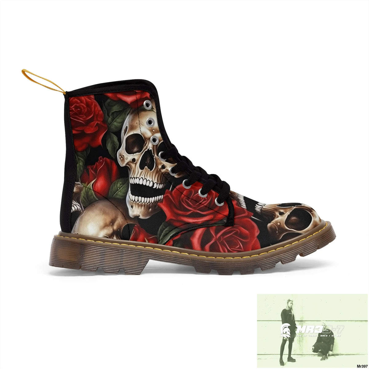 Gothic Deep Red Skulls and Roses Women’s Canvas Boots Shoes