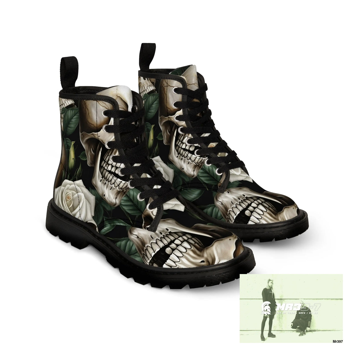 Gothic Deep Red Skulls and Roses Women’s Canvas Boots Shoes