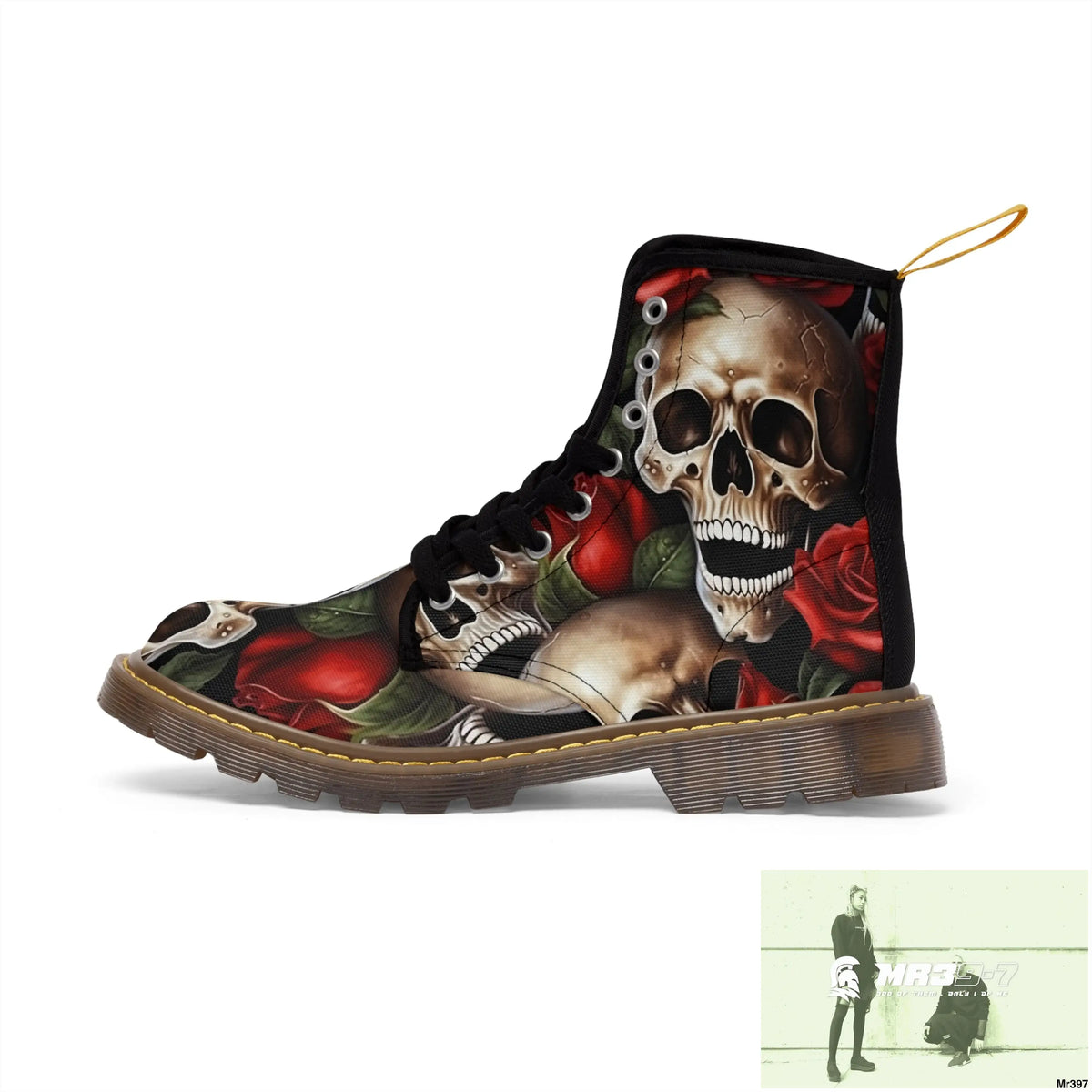 Gothic Deep Red Skulls and Roses Women’s Canvas Boots Shoes