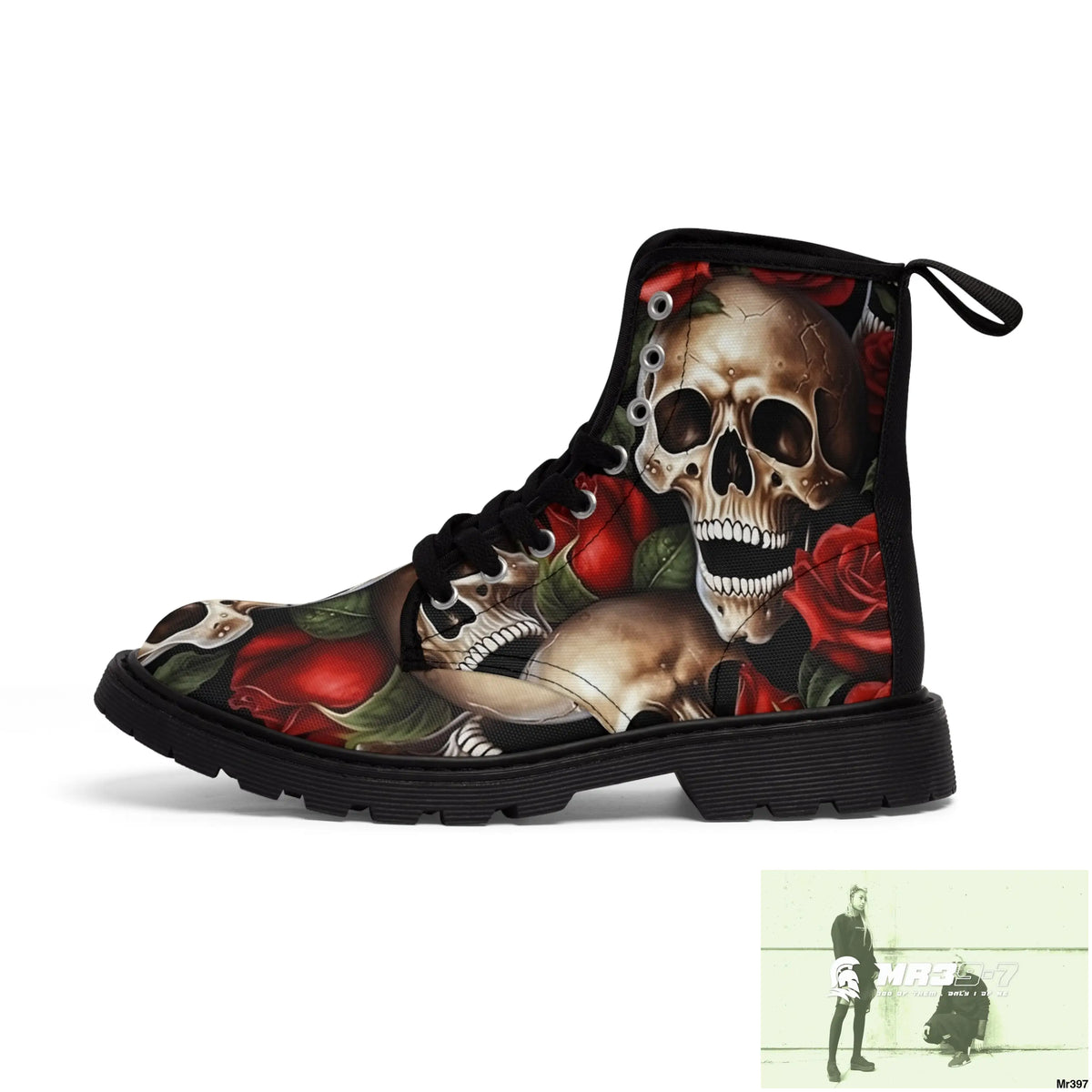 Gothic Deep Red Skulls and Roses Women’s Canvas Boots Shoes