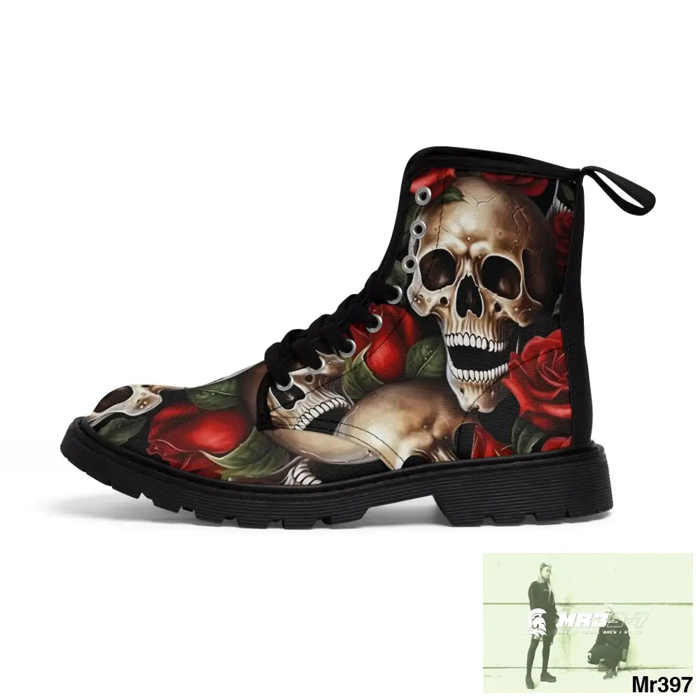 Gothic Deep Red Skulls and Roses Women’s Canvas Boots Shoes