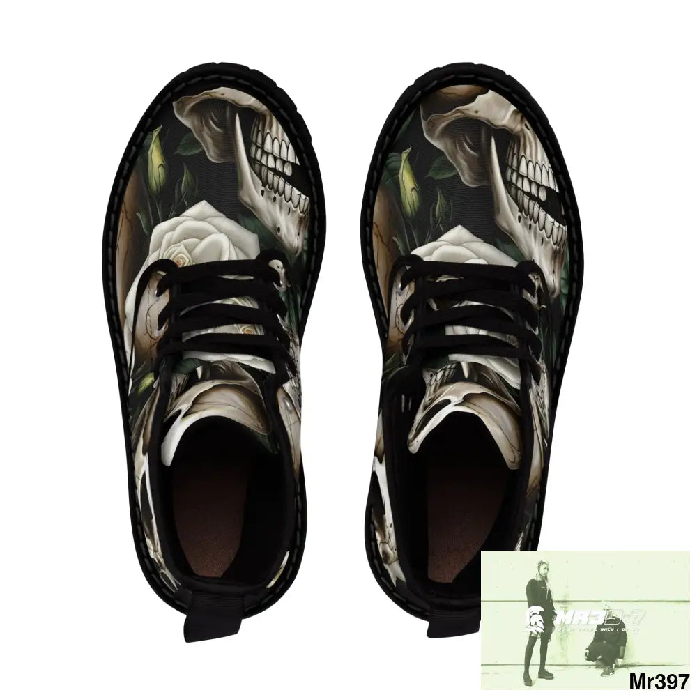 Gothic Deep Red Skulls and Roses Women’s Canvas Boots Shoes