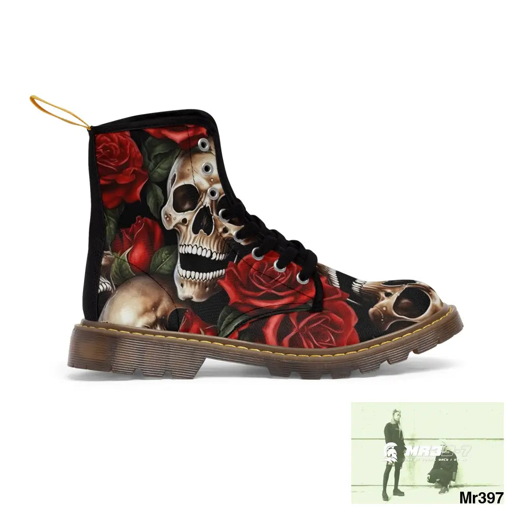 Gothic Deep Red Skulls and Roses Women’s Canvas Boots Shoes