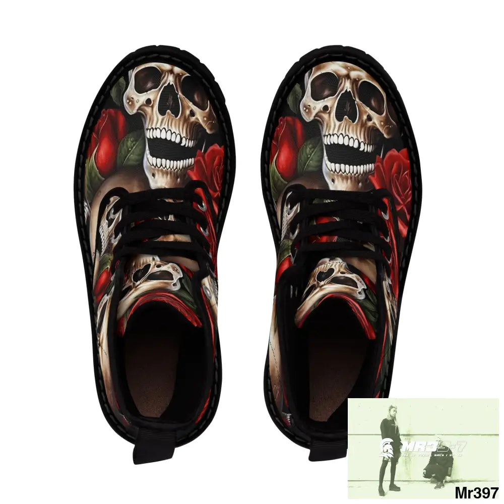 Gothic Deep Red Skulls and Roses Women’s Canvas Boots Shoes