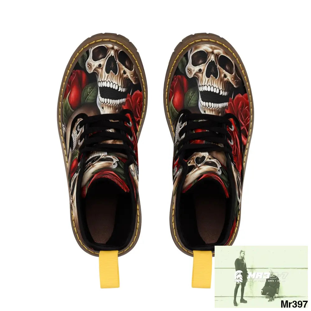 Gothic Deep Red Skulls and Roses Women’s Canvas Boots Shoes