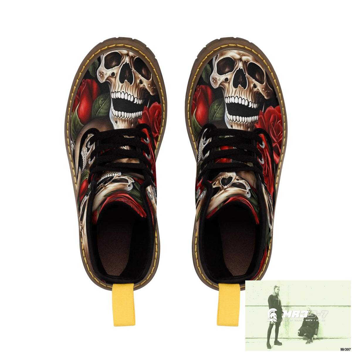 Gothic Deep Red Skulls and Roses Women’s Canvas Boots Shoes