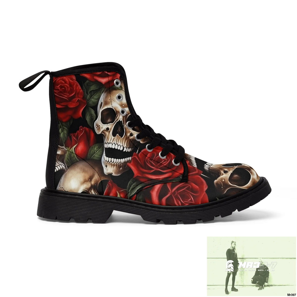 Gothic Deep Red Skulls and Roses Women’s Canvas Boots Shoes