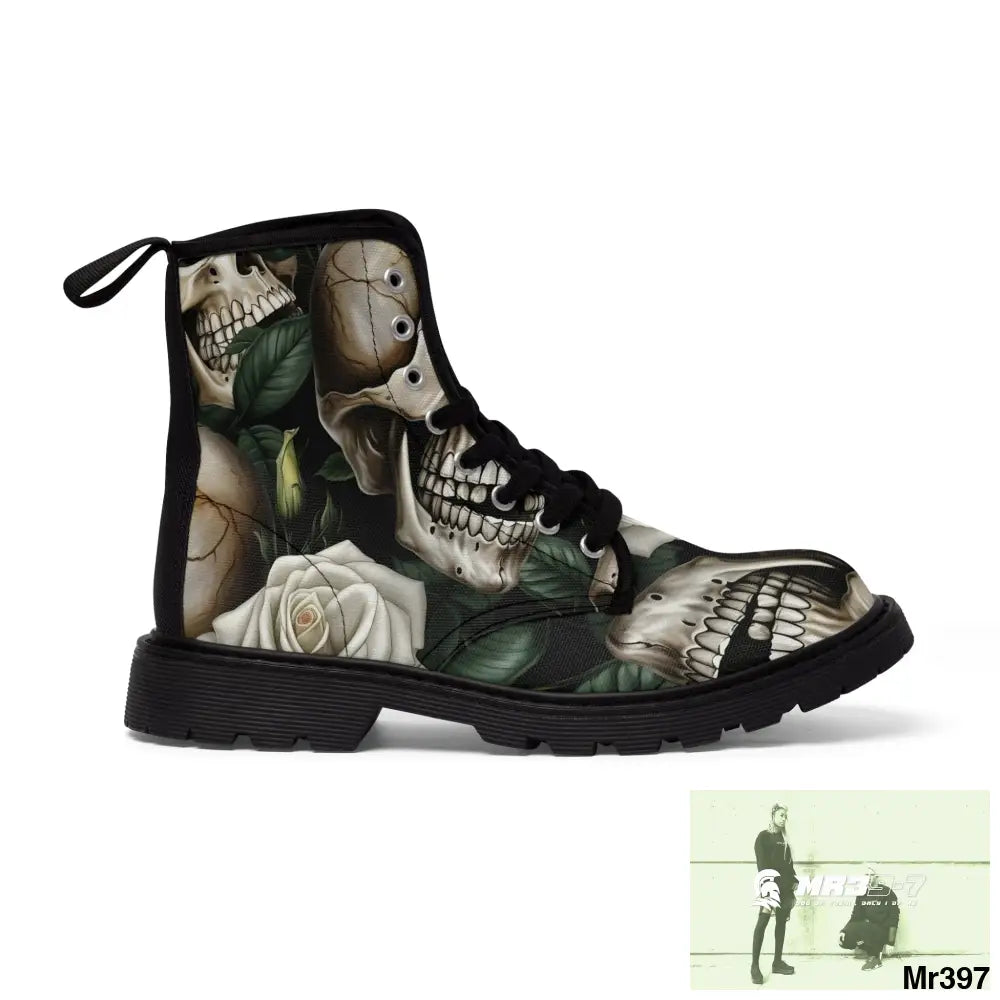Gothic Deep Red Skulls and Roses Women’s Canvas Boots US 6.5 / Black sole Shoes