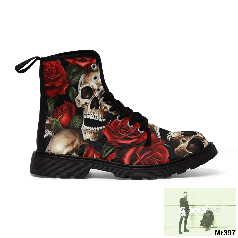 Gothic Deep Red Skulls and Roses Women’s Canvas Boots US 6.5 / Black sole Shoes