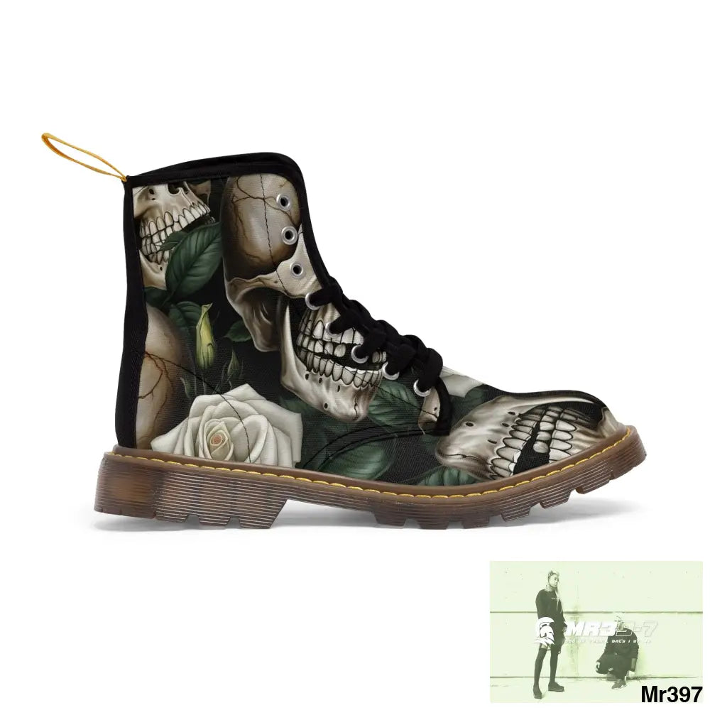 Gothic Deep Red Skulls and Roses Women’s Canvas Boots US 6.5 / Brown sole Shoes