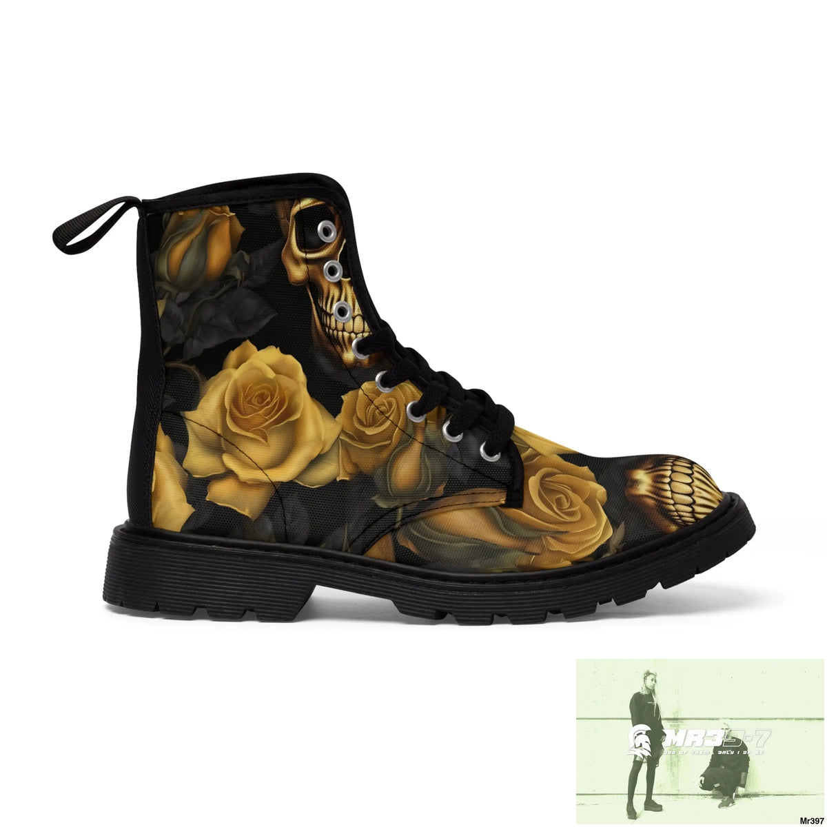 Gothic Gold no 2 Skulls and Roses Women’s Canvas Boots Shoes