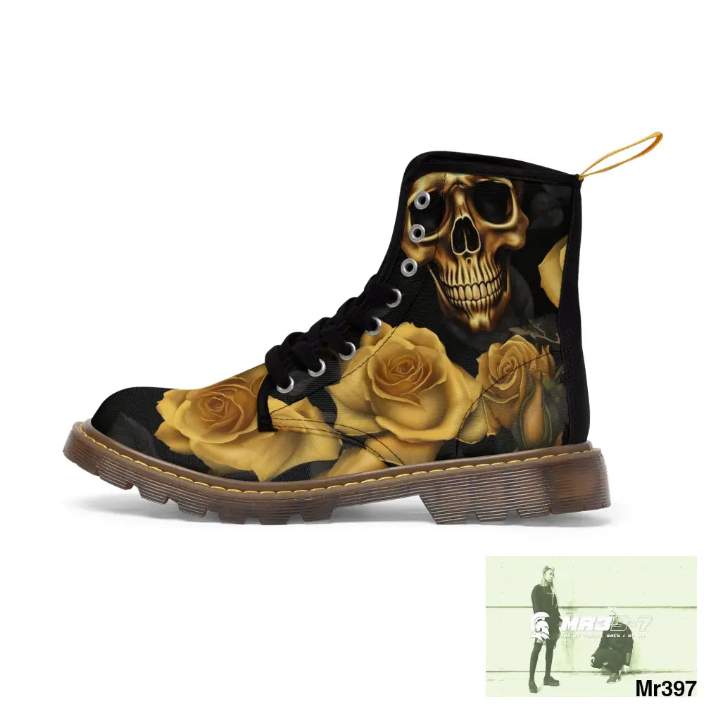 Gothic Gold no 2 Skulls and Roses Women’s Canvas Boots Shoes