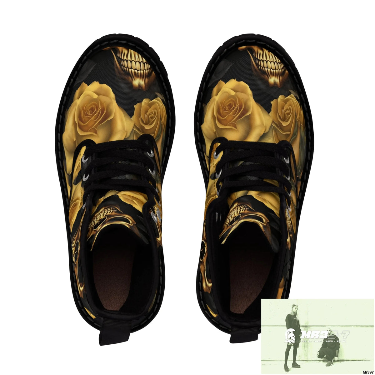 Gothic Gold no 2 Skulls and Roses Women’s Canvas Boots Shoes