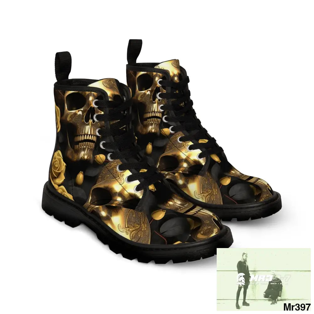 Gothic Gold Skulls and Roses Women’s Canvas Boots Shoes