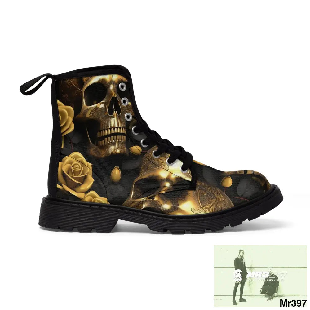 Gothic Gold Skulls and Roses Women’s Canvas Boots Shoes