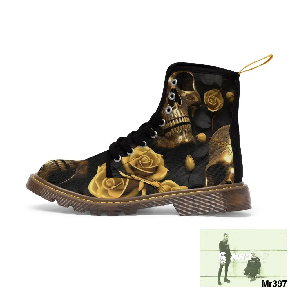 Gothic Gold Skulls and Roses Women’s Canvas Boots Shoes