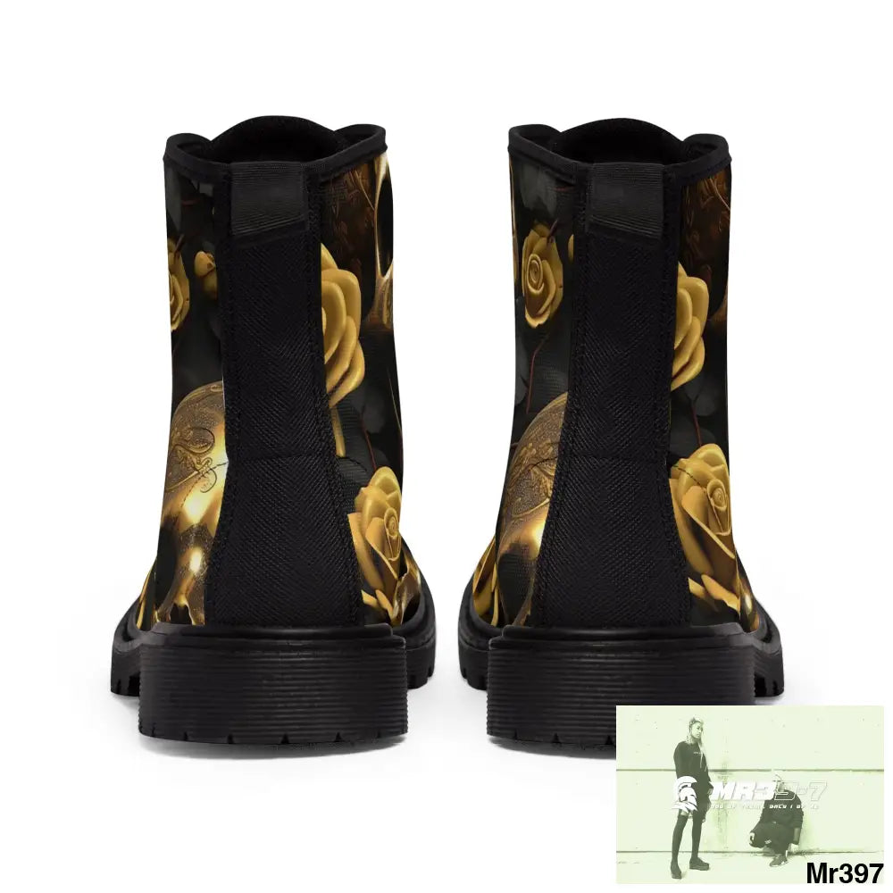 Gothic Gold Skulls and Roses Women’s Canvas Boots Shoes