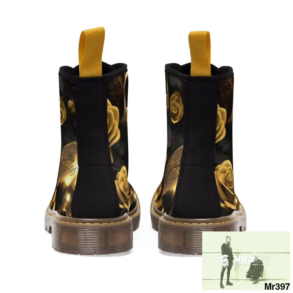 Gothic Gold Skulls and Roses Women’s Canvas Boots Shoes