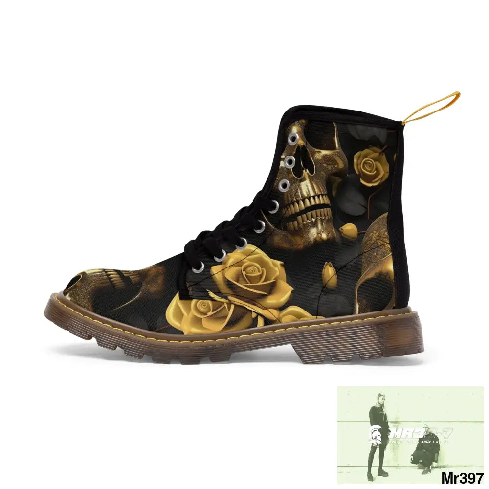 Gothic Gold Skulls and Roses Women’s Canvas Boots Shoes