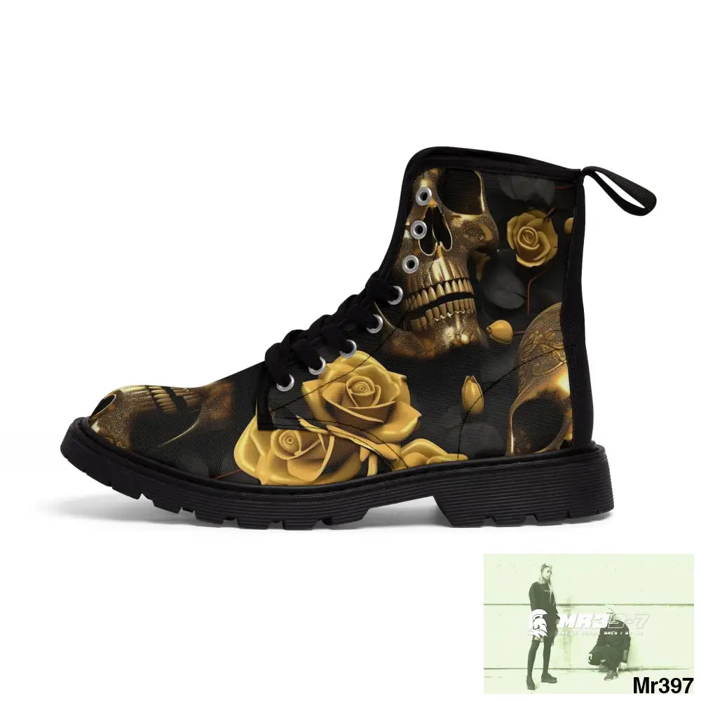 Gothic Gold Skulls and Roses Women’s Canvas Boots Shoes