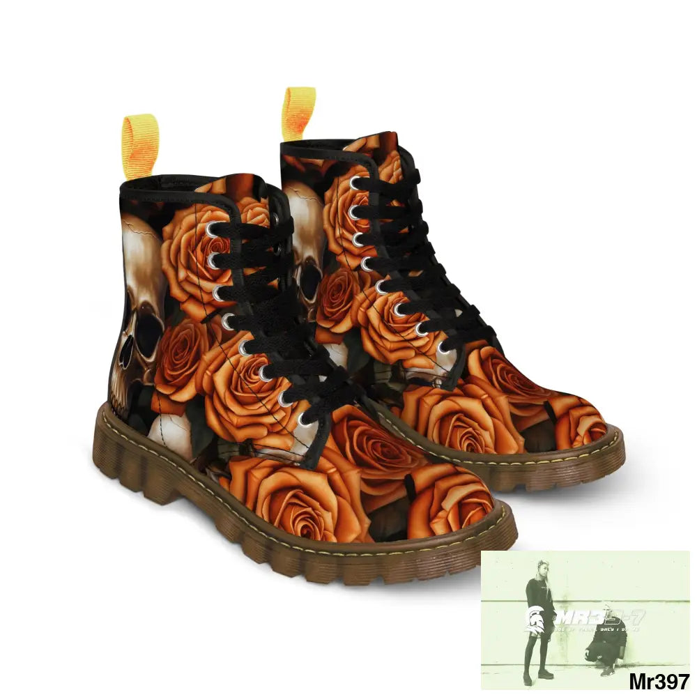 Gothic Orange no 2 Skulls and Roses Women’s Canvas Boots Shoes