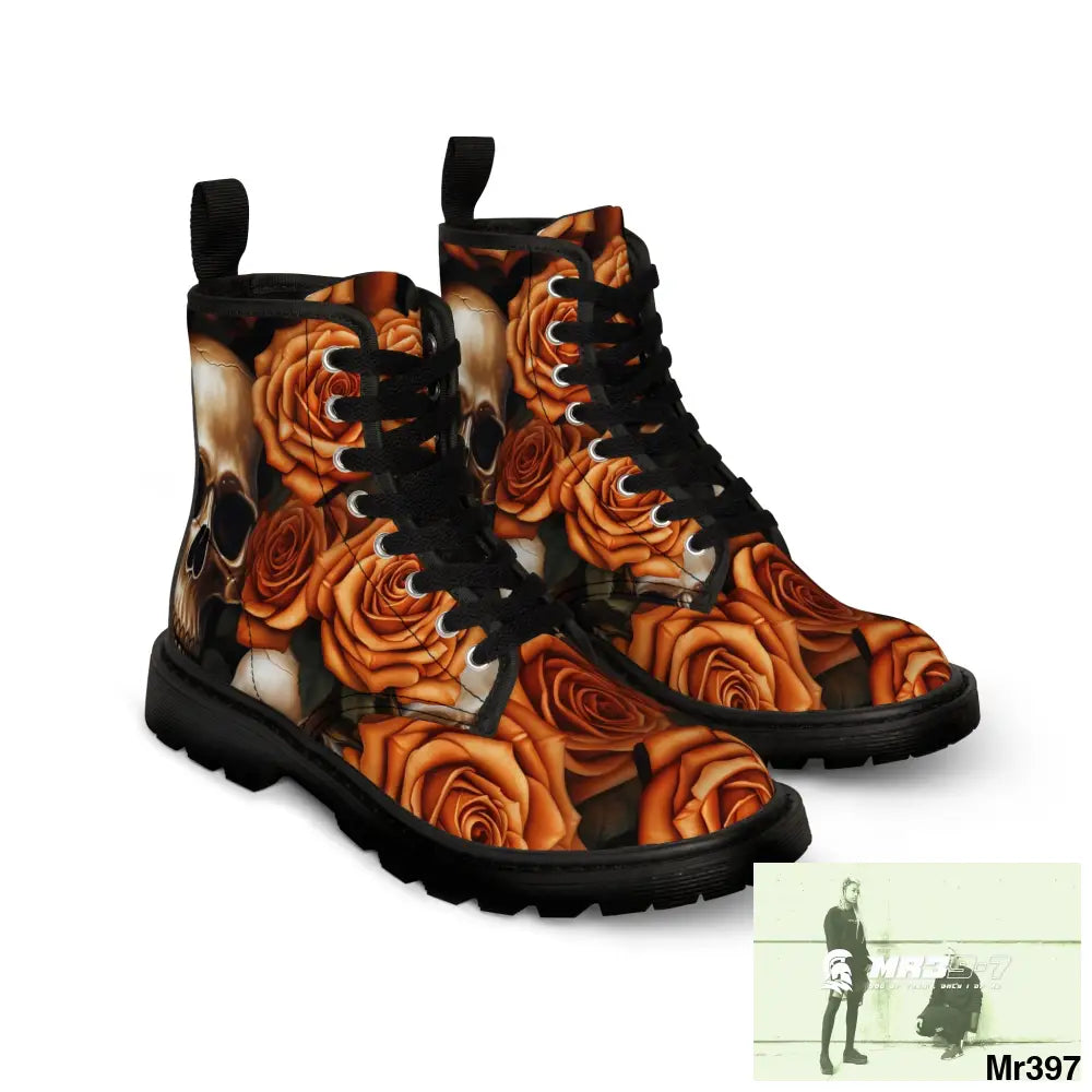 Gothic Orange no 2 Skulls and Roses Women’s Canvas Boots Shoes