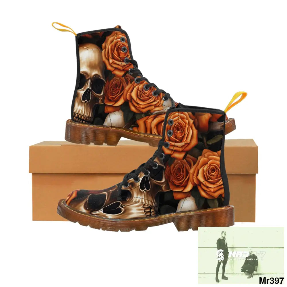 Gothic Orange no 2 Skulls and Roses Women’s Canvas Boots Shoes