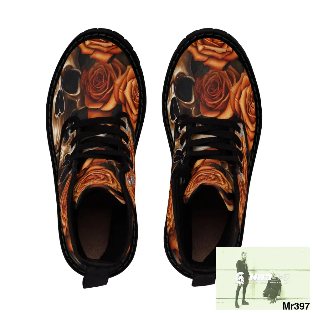 Gothic Orange no 2 Skulls and Roses Women’s Canvas Boots Shoes