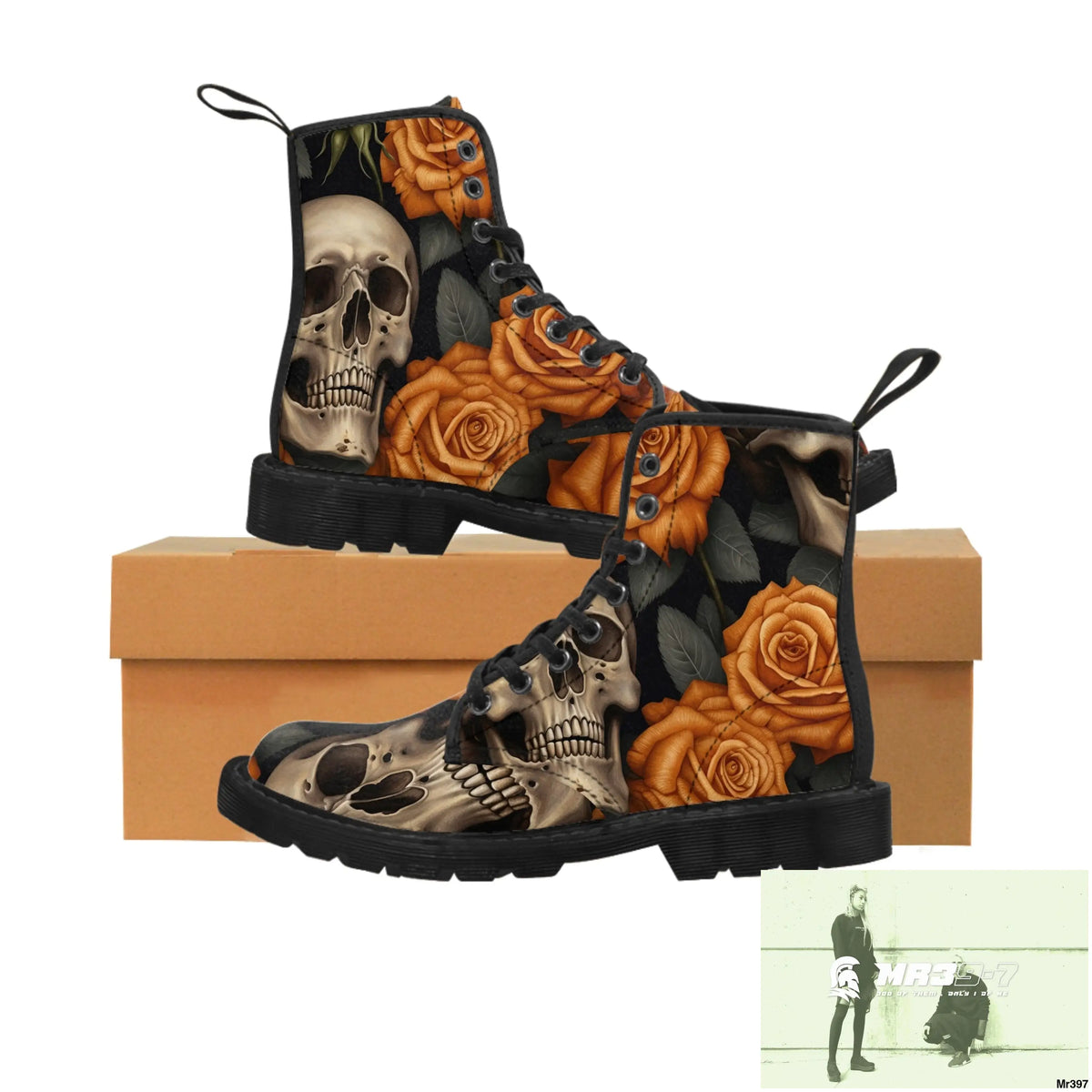 Gothic Orange Skulls and Roses Women’s Canvas Boots Shoes