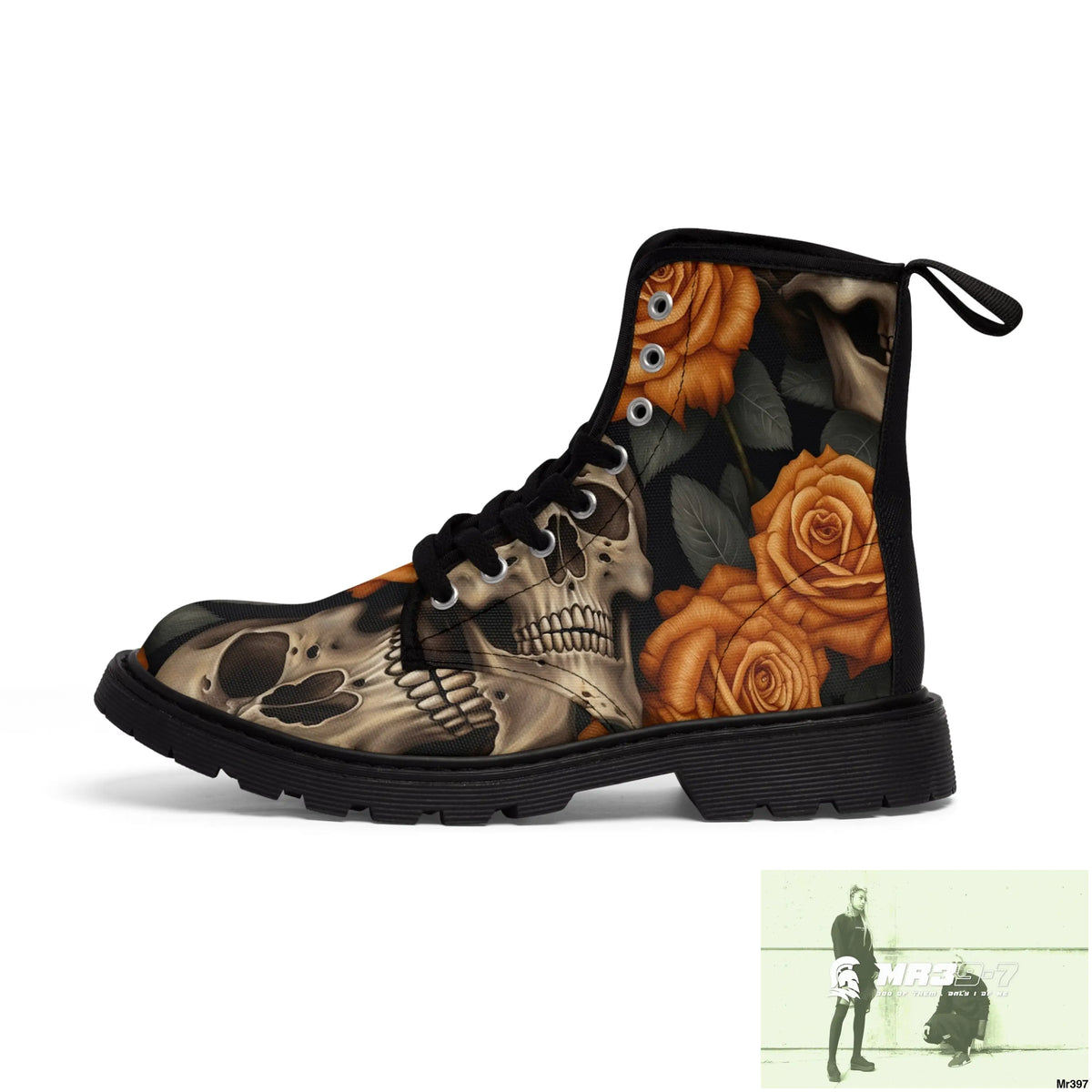 Gothic Orange Skulls and Roses Women’s Canvas Boots Shoes