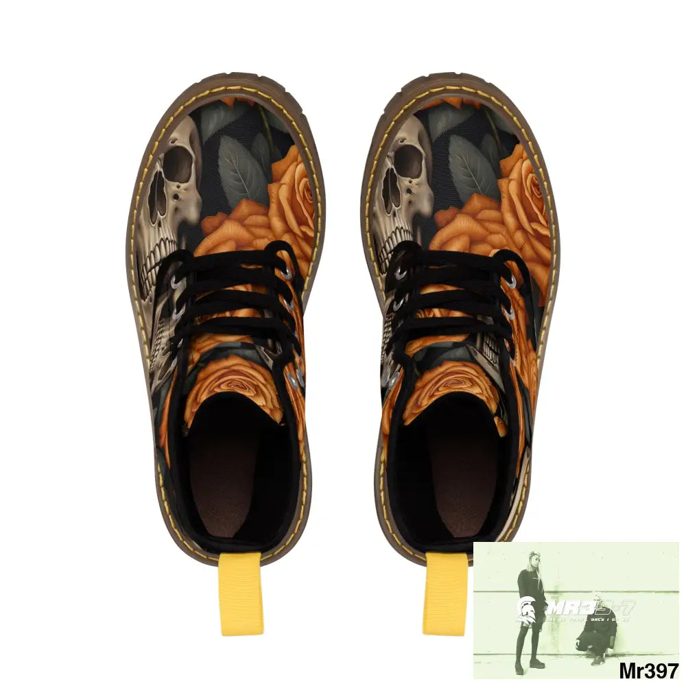 Gothic Orange Skulls and Roses Women’s Canvas Boots Shoes