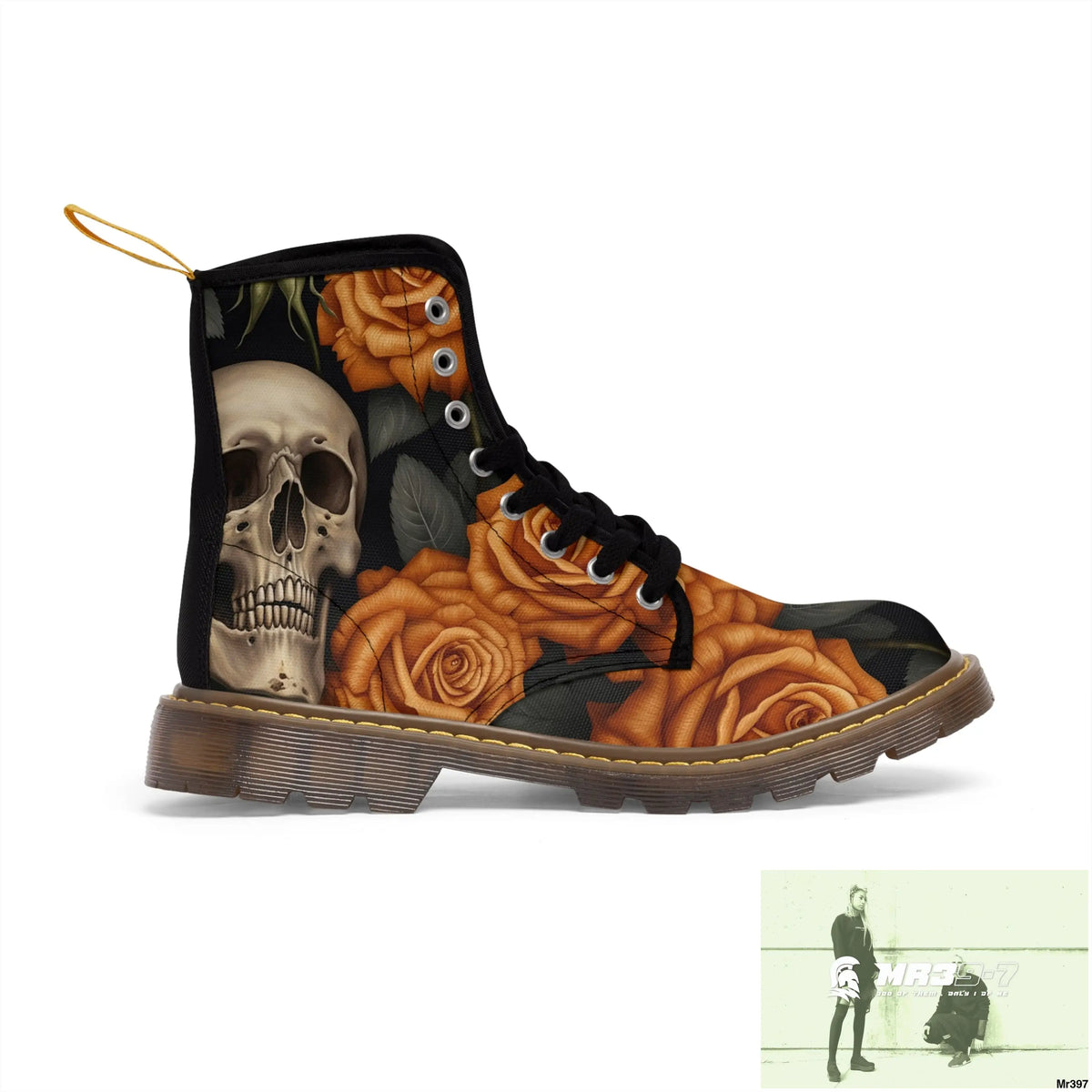 Gothic Orange Skulls and Roses Women’s Canvas Boots Shoes