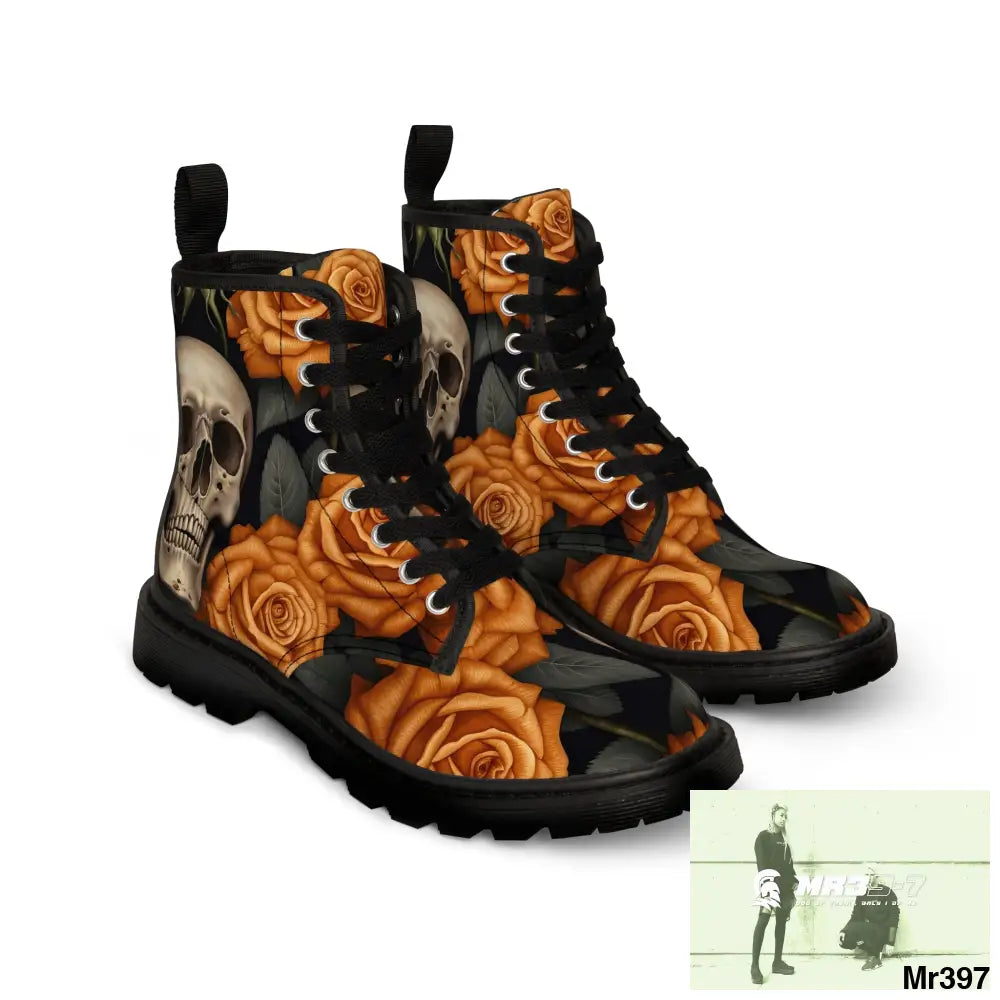 Gothic Orange Skulls and Roses Women’s Canvas Boots Shoes