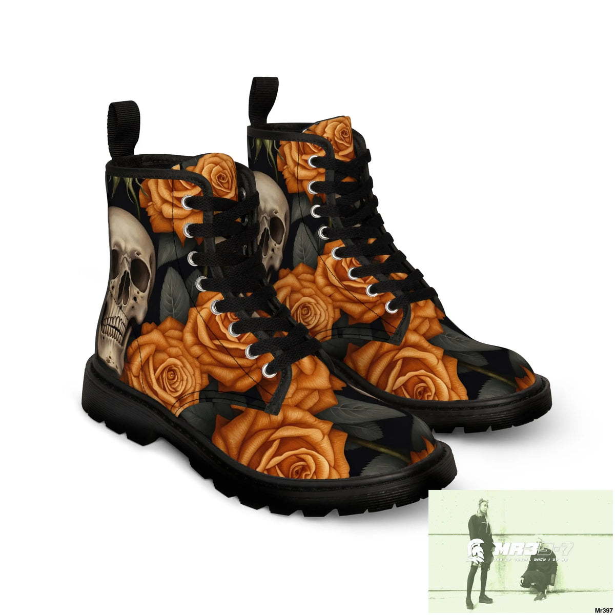 Gothic Orange Skulls and Roses Women’s Canvas Boots Shoes
