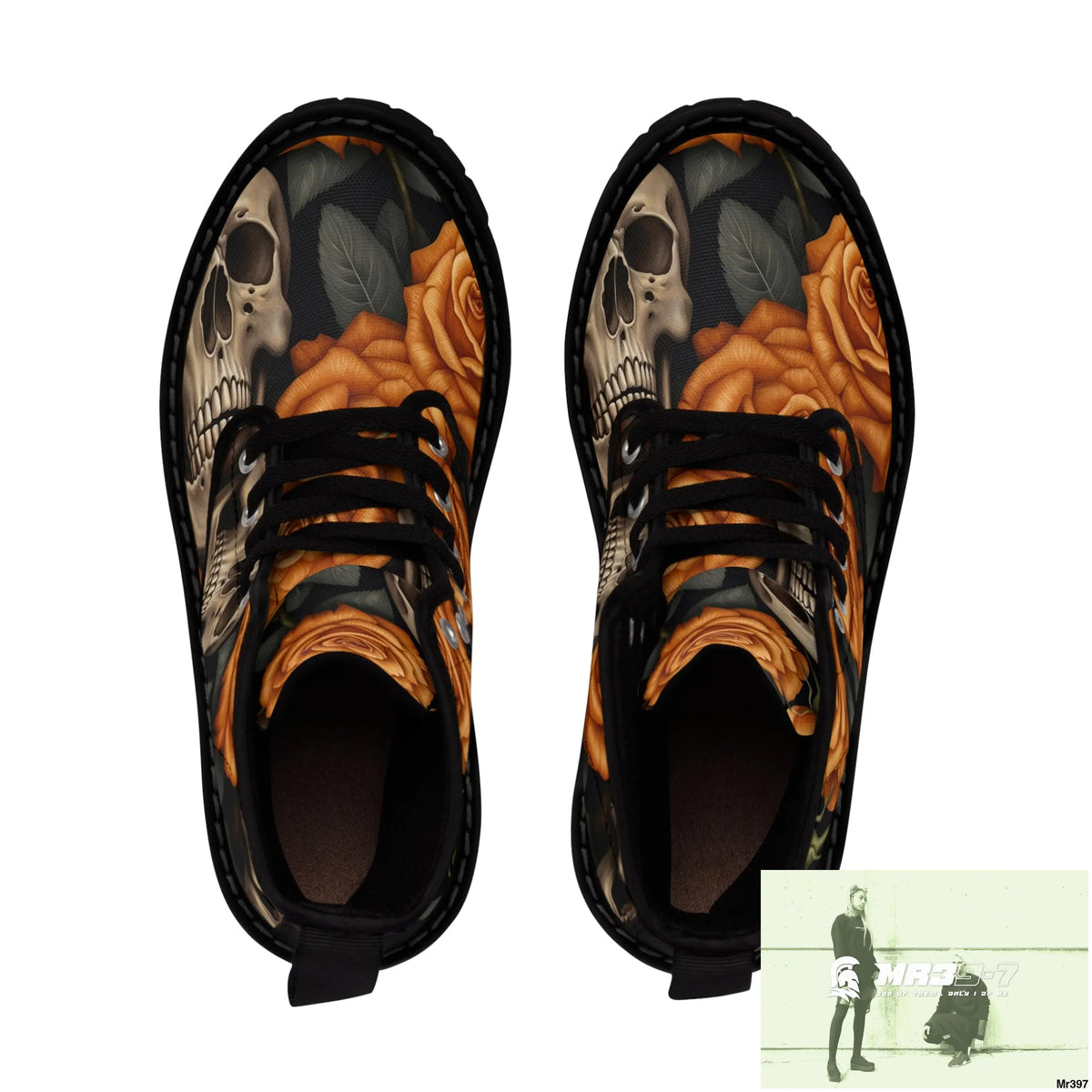 Gothic Orange Skulls and Roses Women’s Canvas Boots Shoes