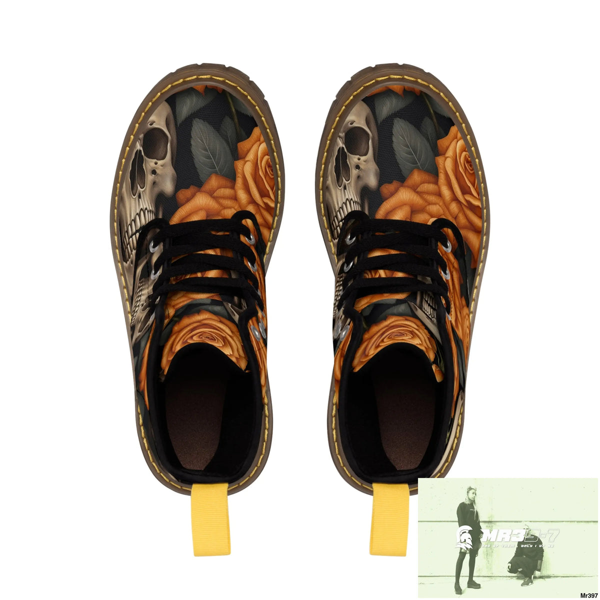 Gothic Orange Skulls and Roses Women’s Canvas Boots Shoes