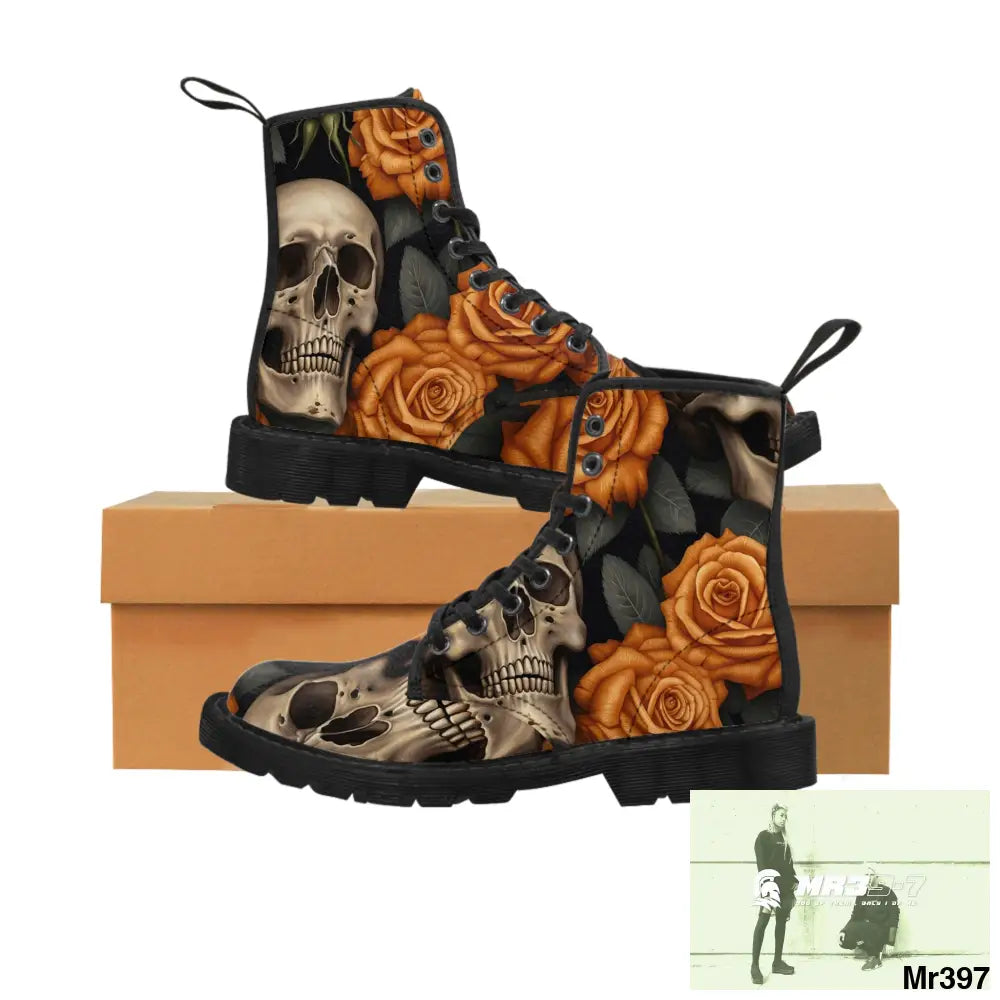 Gothic Orange Skulls and Roses Women’s Canvas Boots Shoes