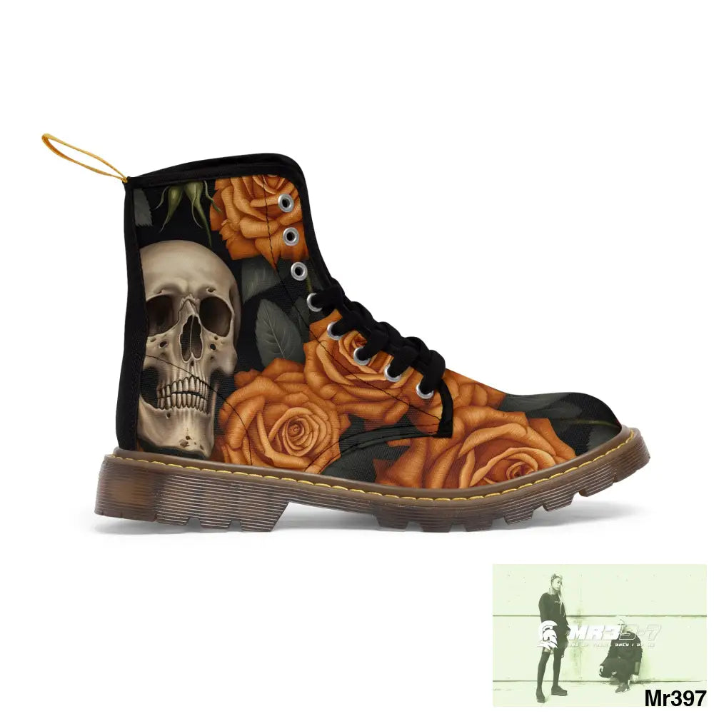 Gothic Orange Skulls and Roses Women’s Canvas Boots US 6.5 / Brown sole Shoes