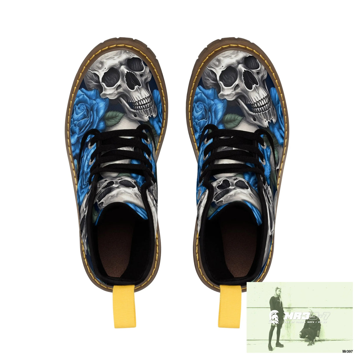 Gothic Skull and Blue Roses Canvas Boots AOP Shoes