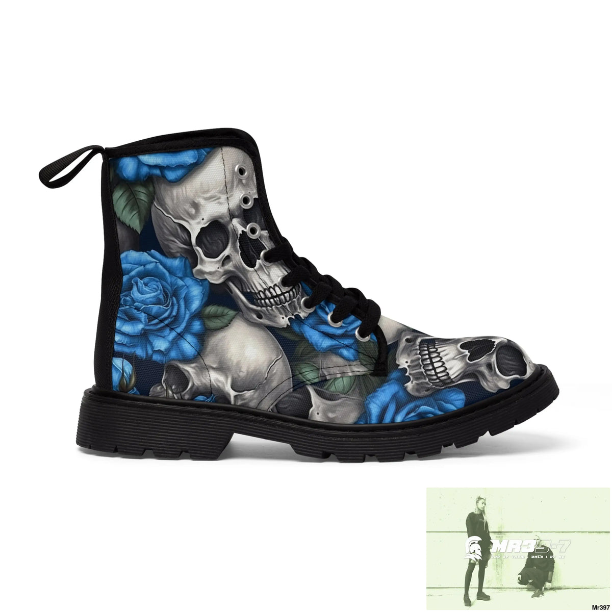 Gothic Skull and Blue Roses Canvas Boots AOP Shoes