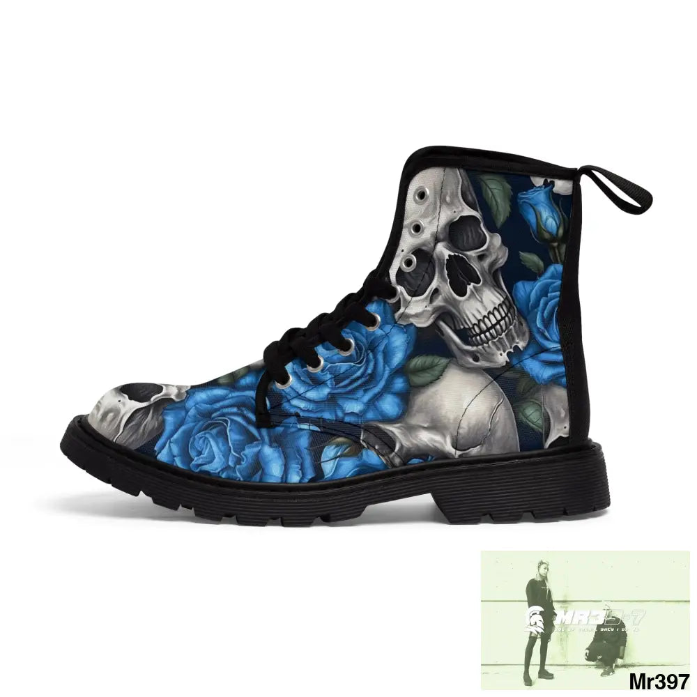 Gothic Skull and Blue Roses Canvas Boots AOP Shoes