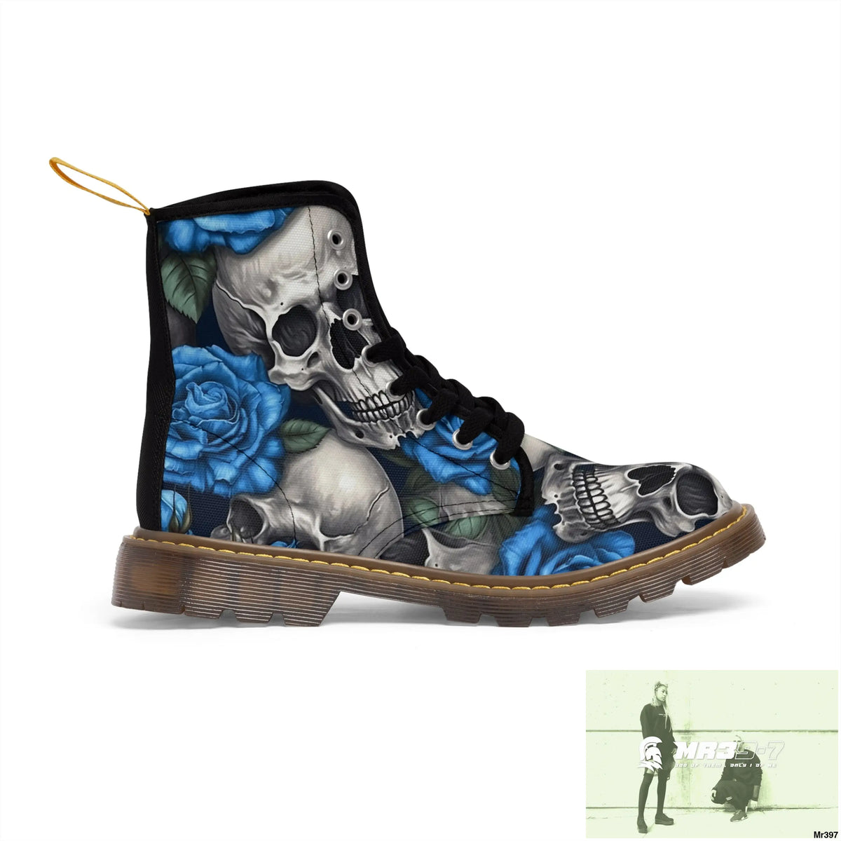 Gothic Skull and Blue Roses Canvas Boots AOP Shoes
