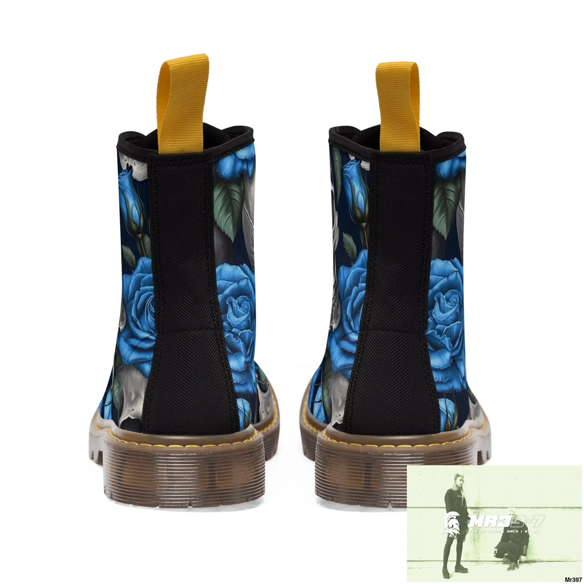 Gothic Skull and Blue Roses Canvas Boots AOP Shoes