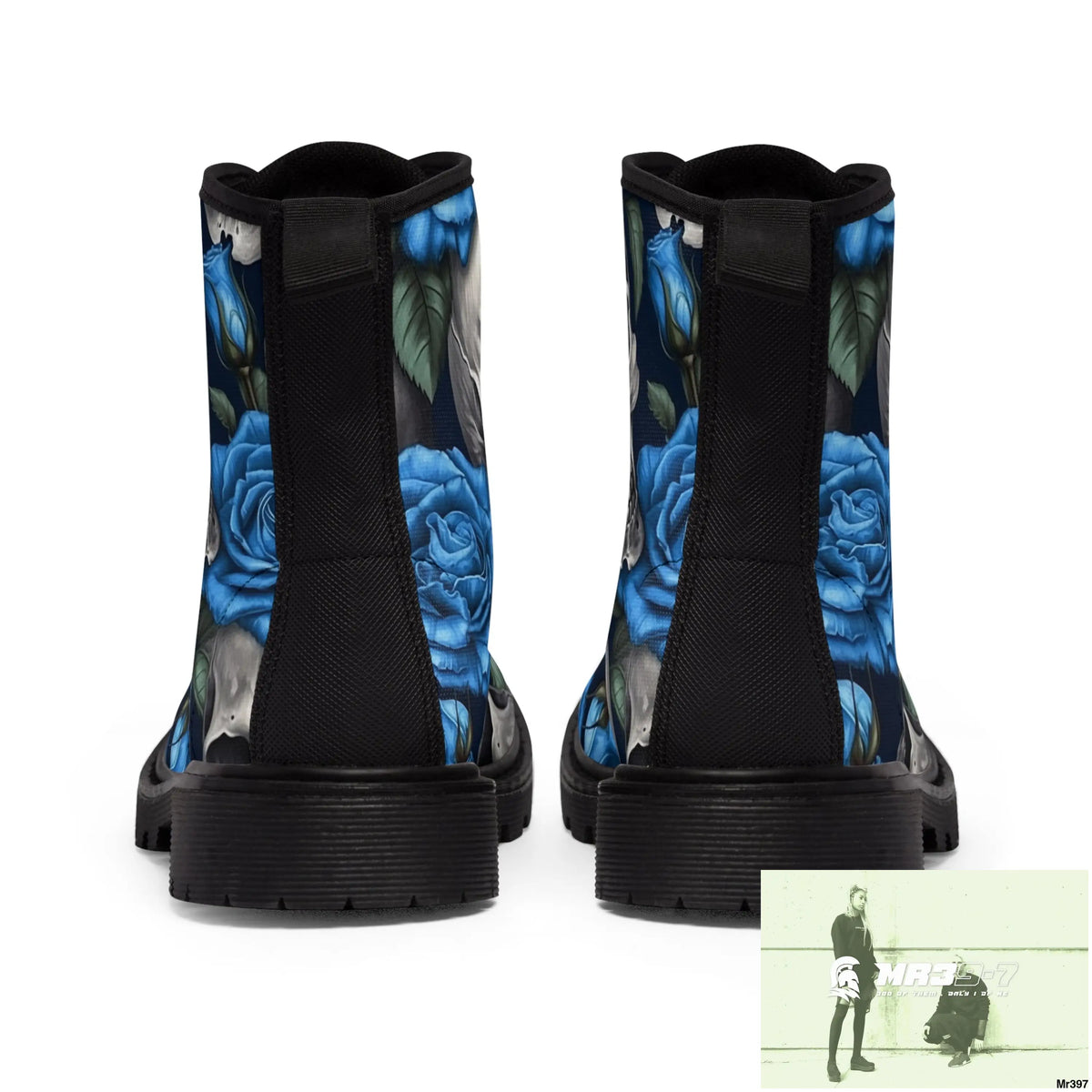 Gothic Skull and Blue Roses Canvas Boots AOP Shoes