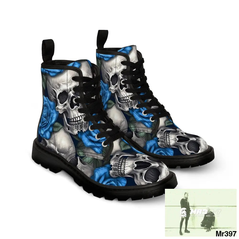 Gothic Skull and Blue Roses Canvas Boots AOP Shoes