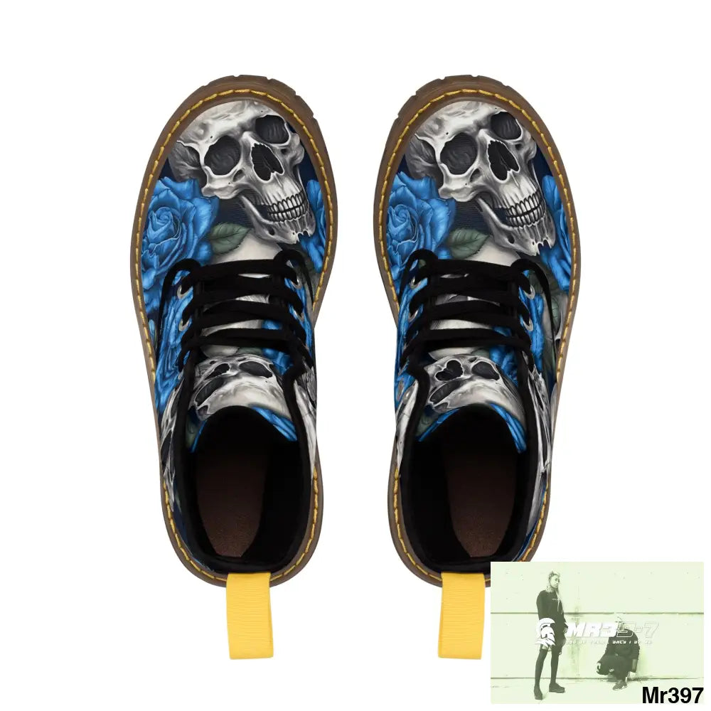 Gothic Skull and Blue Roses Canvas Boots AOP Shoes