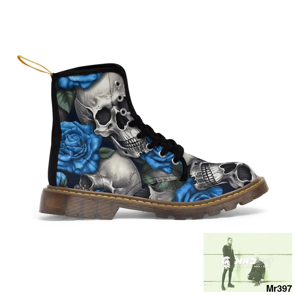 Gothic Skull and Blue Roses Canvas Boots AOP Shoes
