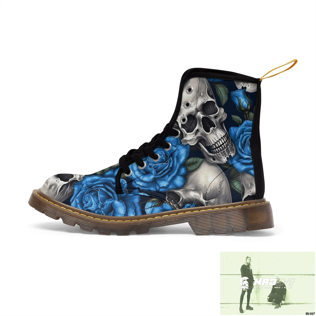 Gothic Skull and Blue Roses Canvas Boots AOP Shoes